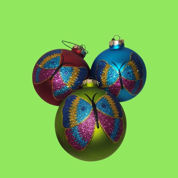 Set of 3 North Pole Hand Blown Glass Ornaments Hand Painted Glitter Butterfly - Picture 1 of 4